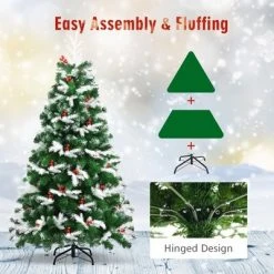 Costway 5ft Unlit Snowy Hinged Christmas Tree w/ 418 Mixed Tips & Red Berries -Christmas Trees Sales Store unnamed file 5111