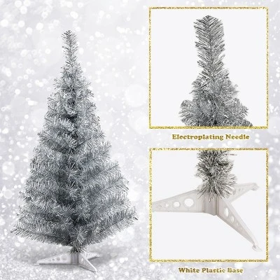 Costway 3FT Silver Tinsel Christmas Tree Unlit Artificial Plastic 8 Costway 3FT Silver Tinsel Christmas Tree Unlit Artificial Plastic - Image 8