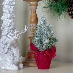 Northlight 9" Red and White Flocked Mini Pine Christmas Tree in Burlap Base - Unlit