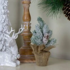 Northlight 9" Flocked Mini Pine Cone Christmas Tree in Beige Burlap Pot