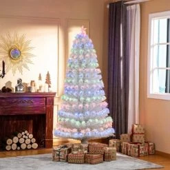 HOMCOM 7ft Tall Fir Artificial Christmas Tree with Realistic Branches, 280 Multi-Color Fiber Optic LED Lights and 280 Tips, White