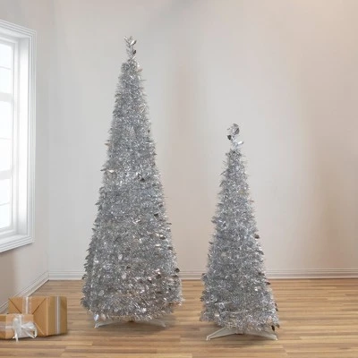 Northlight 4' Silver Tinsel Pop-Up Artificial Christmas Tree, Unlit 1 Northlight 4' Silver Tinsel Pop-Up Artificial Christmas Tree, Unlit