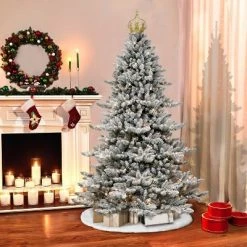7.5ft Puleo Pre-Lit Flocked Slim Royal Majestic Spruce Artificial Christmas Tree with Gold Crown Treetop Clear Lights