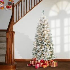 National Tree Company Pre-Lit Medium Flocked Acacia Hinged Artificial Christmas Tree Clear Lights