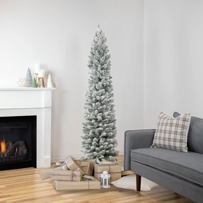 Northlight 6' Flocked North River Pine Pencil Artificial Christmas Tree, Unlit 1 Northlight 6' Flocked North River Pine Pencil Artificial Christmas Tree, Unlit