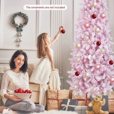 Costway 7FT Pre-Lit Snow Flocked Hinged Pencil Christmas Tree w/ 300 Lights & 8 Modes 4 Costway 7FT Pre-Lit Snow Flocked Hinged Pencil Christmas Tree w/ 300 Lights & 8 Modes - Image 4