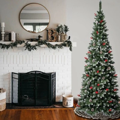 National Tree Company 7.5' Unlit Slim Cullen Hinged Artificial Christmas Tree with Berries & Pinecones 1 National Tree Company 7.5' Unlit Slim Cullen Hinged Artificial Christmas Tree with Berries & Pinecones