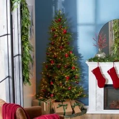 National Tree Company Feel Real Montgomery 7-Foot Clear Prelit Flat Back Half Christmas Tree with 350 White Lights & Metal Base, Hinged Easy Assembly