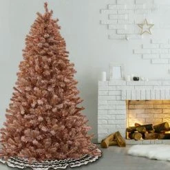 National Tree Company 7 Foot Full Bodied Flocked Prelit Artificial Christmas Tree with 500 Clear Lights & Metal Stand, Rose Gold/Light Pink