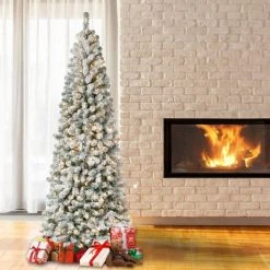 National Tree Company 7.5' Pre-Lit Slim Medium Flocked Acacia Hinged Artificial Christmas Tree Clear Lights