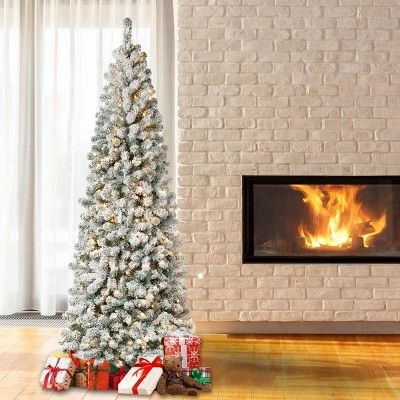 National Tree Company 7.5' Pre-Lit Slim Medium Flocked Acacia Hinged Artificial Christmas Tree Clear Lights 1 National Tree Company 7.5' Pre-Lit Slim Medium Flocked Acacia Hinged Artificial Christmas Tree Clear Lights