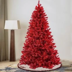 National Tree Company 7.5 Foot Full Bodied Flocked Prelit Artificial Christmas Tree with 550 Clear Lights, 1,309 Branch Tips, & Metal Stand, Red