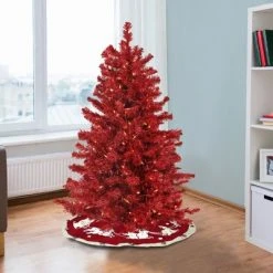 National Tree Company 4 Foot Full Bodied Flocked Prelit Artificial Christmas Holiday Tree with 200 Clear Lights, 311 Branch Tips, & Metal Stand, Red