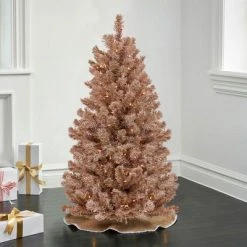National Tree Company 4 Foot Full Bodied Flocked Prelit Artificial Christmas Holiday Tree w/ 200 Clear Lights & Metal Stand, Rose Gold/Light Pink