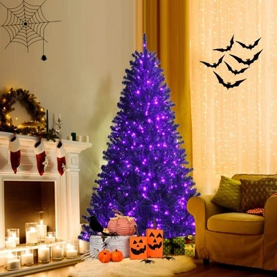 Costway 6ft Pre-lit PVC Christmas Halloween Tree Black w/ 250 Purple LED Lights 1 Costway 6ft Pre-lit PVC Christmas Halloween Tree Black w/ 250 Purple LED Lights