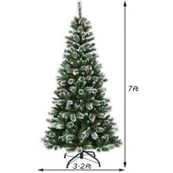 Costway 7 ft Snow Flocked Artificial Christmas Hinged Tree w/ Pine Needles & Red Berries