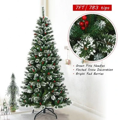 Costway 7 ft Snow Flocked Artificial Christmas Hinged Tree w/ Pine Needles & Red Berries 7 Costway 7 ft Snow Flocked Artificial Christmas Hinged Tree w/ Pine Needles & Red Berries - Image 7