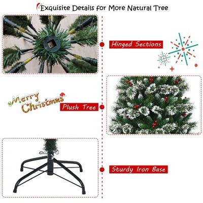 Costway 7 ft Snow Flocked Artificial Christmas Hinged Tree w/ Pine Needles & Red Berries 9 Costway 7 ft Snow Flocked Artificial Christmas Hinged Tree w/ Pine Needles & Red Berries - Image 9