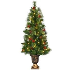 Costway 3ft Pre-Lit Christmas Entrance Tree In Urn w/ 40 LED Light Red Berries Pine Cone