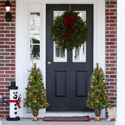 Costway 3ft Pre-Lit Christmas Entrance Tree In Urn w/ 40 LED Light Red Berries Pine Cone 4 Costway 3ft Pre-Lit Christmas Entrance Tree In Urn w/ 40 LED Light Red Berries Pine Cone - Image 4
