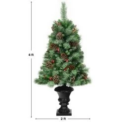 Costway Set of 2 Christmas Entrance Tree 4ft w/Pine Cones Red Berries & Glitter Branches