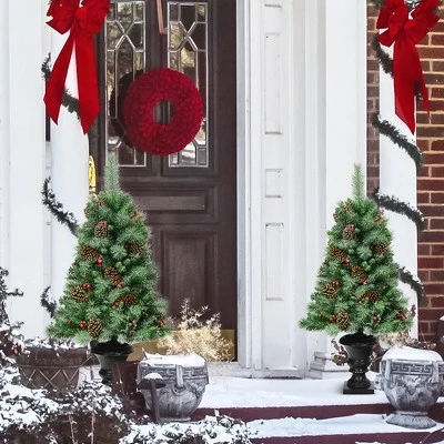 Costway Set of 2 Christmas Entrance Tree 4ft w/Pine Cones Red Berries & Glitter Branches 2 Costway Set of 2 Christmas Entrance Tree 4ft w/Pine Cones Red Berries & Glitter Branches - Image 2