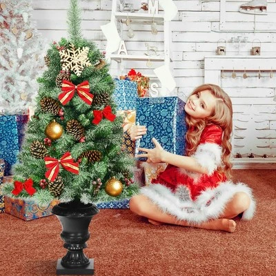 Costway Set of 2 Christmas Entrance Tree 4ft w/Pine Cones Red Berries & Glitter Branches 4 Costway Set of 2 Christmas Entrance Tree 4ft w/Pine Cones Red Berries & Glitter Branches - Image 4