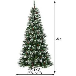 Costway 8 ft Snow Flocked Artificial Christmas Hinged Tree w/ Pine Needles & Red Berries