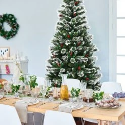 Costway 8 ft Snow Flocked Artificial Christmas Hinged Tree w/ Pine Needles & Red Berries -Christmas Trees Sales Store unnamed file 6746