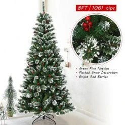 Costway 8 ft Snow Flocked Artificial Christmas Hinged Tree w/ Pine Needles & Red Berries -Christmas Trees Sales Store unnamed file 6749