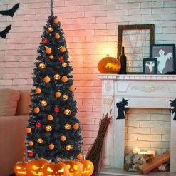 Costway 6ft Unlit Artificial Christmas Pencil Tree Black w/Metal Stand Black -Christmas Trees Sales Store unnamed file 6837