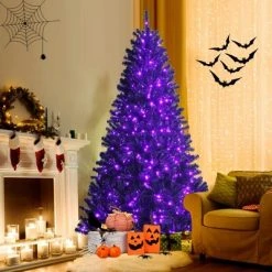 Costway 7ft Pre-lit PVC Christmas Halloween Tree Black w/ 500 Purple LED Lights