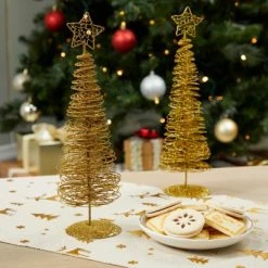 Juvale 2 Pack Small Gold Christmas Trees for Tabletop, Holiday Decorations, 10.5 x 3 x 3 inches