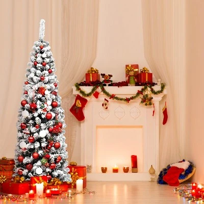 Tangkula Pencil Artificial Christmas Tree Snow Flocked Pencil Tree with Flexible Stand 1 Tangkula Pencil Artificial Christmas Tree Snow Flocked Pencil Tree with Flexible Stand