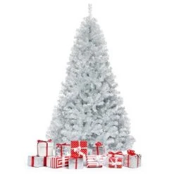 Tangkula 7.5Ft Hinged Artificial Silver Tinsel Christmas Tree with Metal Stand