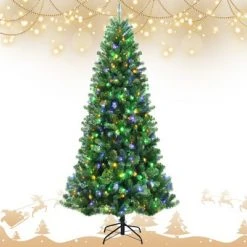 Tangkula Pre-lit Christmas Tree, Artificial Hinged Xmas Tree w/ Remote-controlled Color-changing LED Lights & PVC Tips
