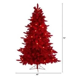 6ft Nearly Natural Pre-Lit Red Flocked Fraser Fir Artificial Christmas Tree Red Lights