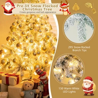 Tangkula 4.5 FT Snow Flocked Christmas Tree Pre-lit Christmas Tree w/295 Branch Tips & 150 Warm White LED Lights 4 Tangkula 4.5 FT Snow Flocked Christmas Tree Pre-lit Christmas Tree w/295 Branch Tips & 150 Warm White LED Lights - Image 4