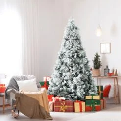 Tangkula 6/7/8ft Snow Flocked Christmas Tree Full-bodied Hinged Xmas Tree w/ Glittery Pine Cones Holiday Festival Supplies