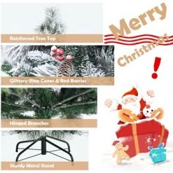 Tangkula 6/7/8ft Snow Flocked Christmas Tree Full-bodied Hinged Xmas Tree w/ Glittery Pine Cones Holiday Festival Supplies -Christmas Trees Sales Store unnamed file 7050
