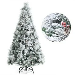 Tangkula 6/7/8ft Snow Flocked Christmas Tree Full-bodied Hinged Xmas Tree w/ Glittery Pine Cones Holiday Festival Supplies -Christmas Trees Sales Store unnamed file 7055