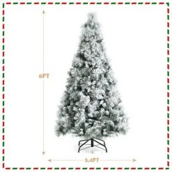 Tangkula 6/7/8ft Snow Flocked Christmas Tree Full-bodied Hinged Xmas Tree w/ Glittery Pine Cones Holiday Festival Supplies -Christmas Trees Sales Store unnamed file 7056