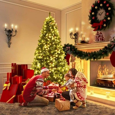 Tangkula 8' PE/PVC Artificial Pine Tree Pre-Lit Christmas Tree w/ 600 LED Lights & Pine Cones 1 Tangkula 8' PE/PVC Artificial Pine Tree Pre-Lit Christmas Tree w/ 600 LED Lights & Pine Cones