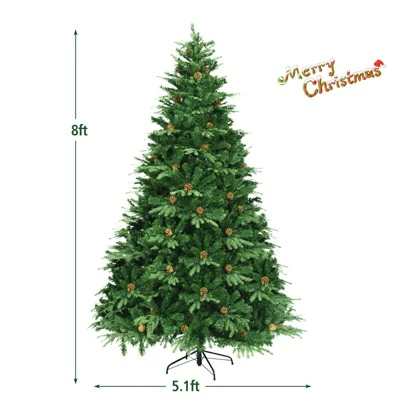 Tangkula 8' PE/PVC Artificial Pine Tree Pre-Lit Christmas Tree w/ 600 LED Lights & Pine Cones 6 Tangkula 8' PE/PVC Artificial Pine Tree Pre-Lit Christmas Tree w/ 600 LED Lights & Pine Cones - Image 6