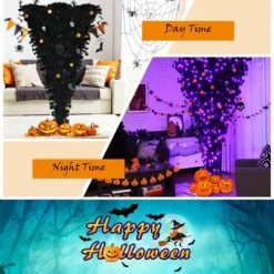 Tangkula Black Upside Down Artificial Christmas Tree Pre-lit Halloween Tree Faux-Pine Christmas Tree w/ Purple LED lights -Christmas Trees Sales Store unnamed file 7081