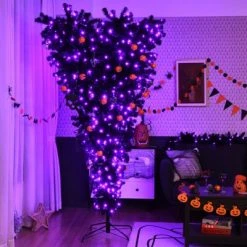 Tangkula Black Upside Down Artificial Christmas Tree Pre-lit Halloween Tree Faux-Pine Christmas Tree w/ Purple LED lights -Christmas Trees Sales Store unnamed file 7082