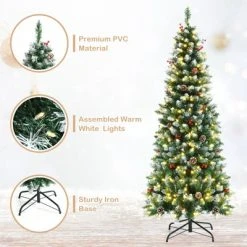 Tangkula Happygrill 5ft Pre-lit Artificial Christmas Tree Slim Artificial Xmas Tree w/ 250 Replaceable LED Lights & 408 Branch Tips