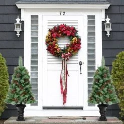 Tangkula 2-Piece 4FT Snow Flocked Artificial Christmas Tree PVC Entrance Tree with Pine Cones & Red Berries