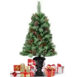 Tangkula 2-Piece 4FT Snow Flocked Artificial Christmas Tree PVC Entrance Tree with Pine Cones & Red Berries -Christmas Trees Sales Store unnamed file 7120