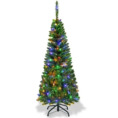Tangkula 4.5ft Pencil Christmas Tree Pre-Lit Hinged Artificial Decoration w/ 150 Colorful Lights 3 Tangkula 4.5ft Pencil Christmas Tree Pre-Lit Hinged Artificial Decoration w/ 150 Colorful Lights - Image 3